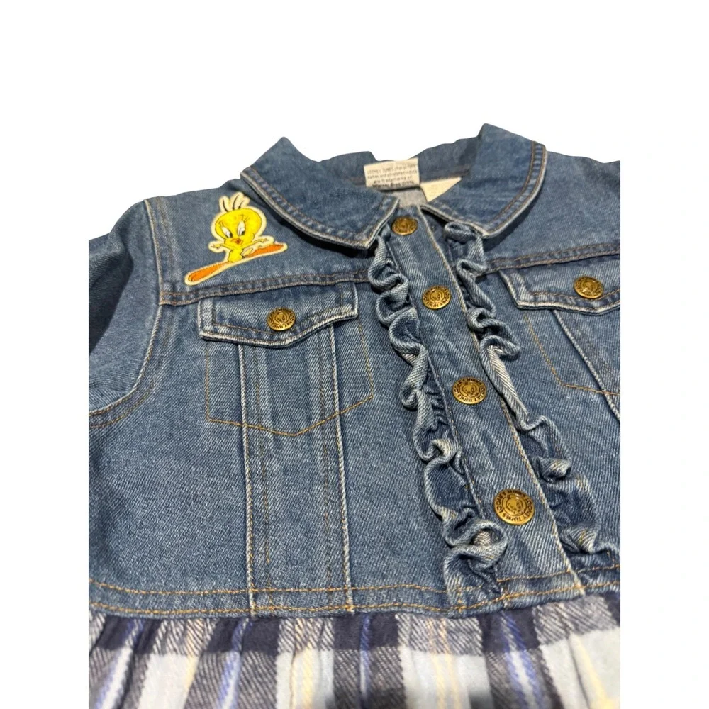 Vintage Looney Tunes Tweety Bird Denim Plaid Dress Kids Size 6X Blue Ruffle 1996